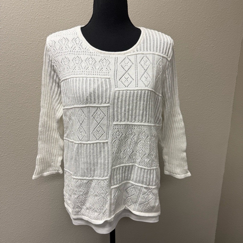Alfred Dunner White Textured Knit Sweater Large Cotton Layered Top